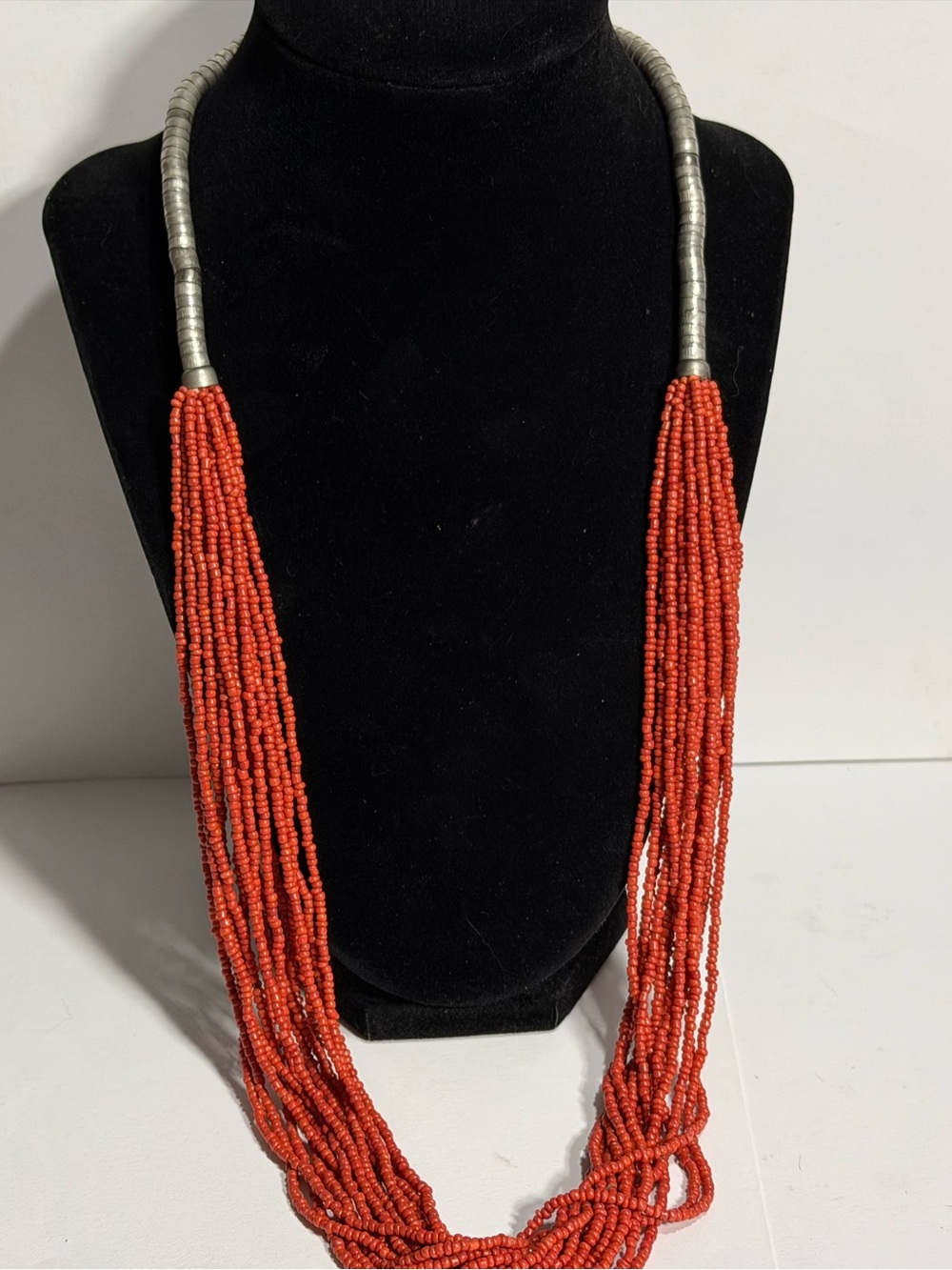 Coral Red Layered Seed Bead Necklace Slinky Chain Boho Southwestern Festival
